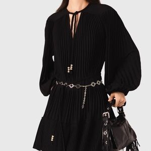 Maje Black Pleated Long-Sleeve Mini Dress with Chain Belt